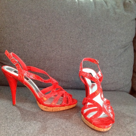 White House Black Market Shoes - WHBM Red "Snakeskin" Shiny Strappy Heels